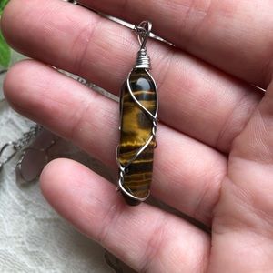 Tiger Eye Double-point Gemstone, Single Chakra Necklace - Hand-Wrapped!
